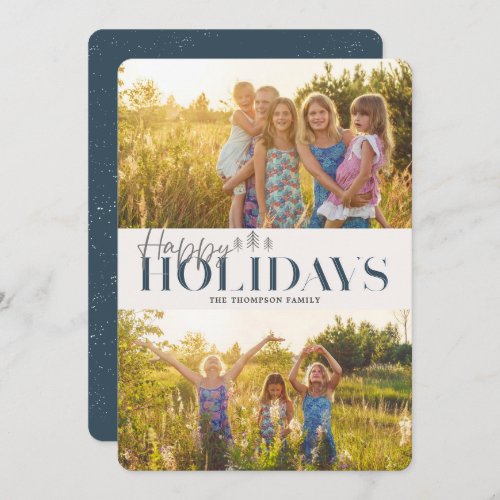 Simple Modern Blue Happy Holidays Two Pictures Holiday Card