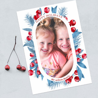 Simple Modern Blue Holly Berries Photo Holiday Postcard