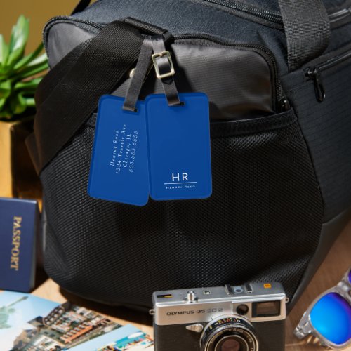 Simple Modern Blue Monogram Name  Contact Info Luggage Tag