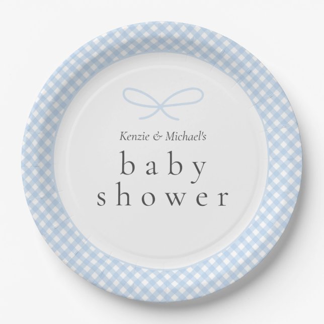 Simple Modern Blue Plaid Bow  Paper Plates (Front)