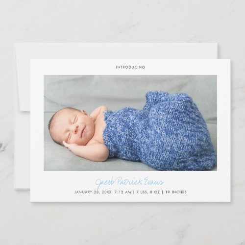 Simple Modern Blue Script Photo New Baby Boy Birth Announcement