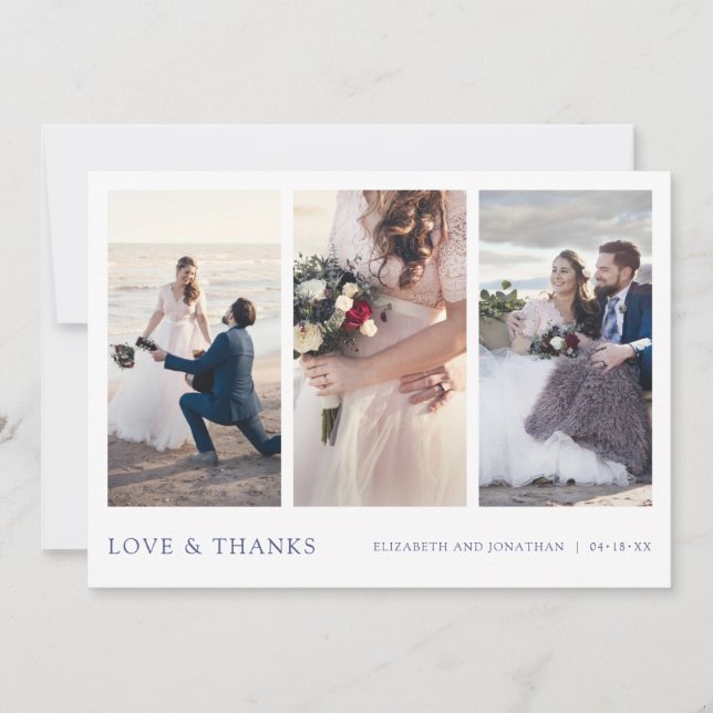 Simple Modern Blue Typography Multi Photo Wedding Thank You Card (Front)