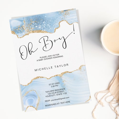 Simple modern blue watercolor oh boy baby shower invitation