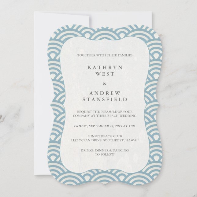 Simple Modern Blue + White Wave Pattern Wedding Invitation (Front)