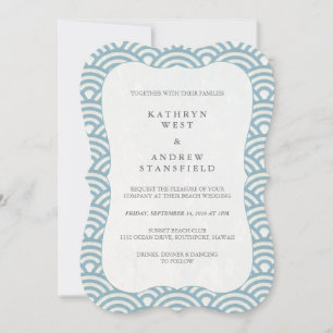 Simple Modern Blue + White Wave Pattern Wedding Invitation