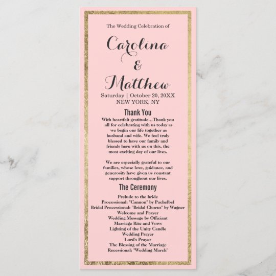 Simple Modern Blush Pink Gold Border Wedding Program Zazzle Com