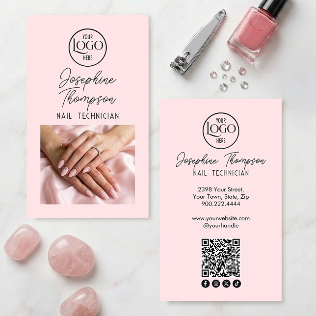 Simple Modern Blush Pink Nail QR Code Social Media Business Card (Simple Modern Blush Pink Nail QR Code Social Media Business Card)