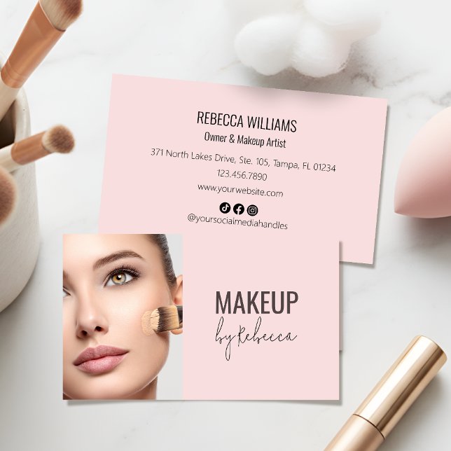 Simple Modern Blush Pink Photo Social Icons Makeup Business Card (Modern blush pink calligraphy script business card - perfect for making a great first impression!)