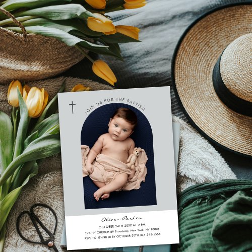 Simple Modern Boho Arch Cross Baby Photo Baptism Invitation