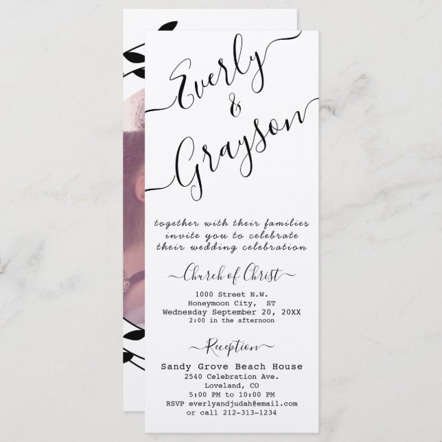 Simple Modern Boho Black Leaf Wreath Wedding (Front/Back)