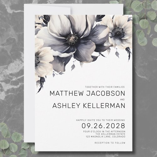 Simple Modern Boho Floral Black White Wedding Invitation