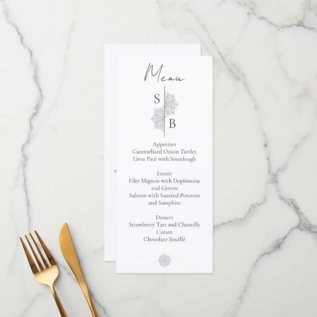 Simple Modern Boho Monogram Mandala Wedding Menu (Front/Back In Situ)
