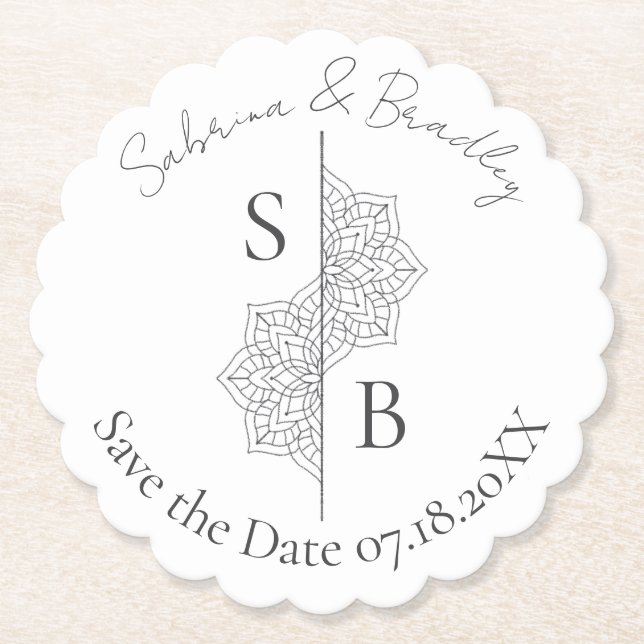 Simple Modern Boho Monogram Mandala Wedding Paper Coaster (Front)