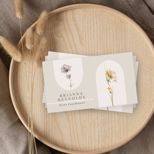 Simple Modern Boho Wildflowers on Neutral Beige Business Card