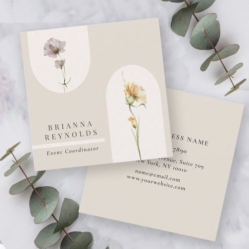 Simple Modern Boho Wildflowers on Neutral Beige Square Business Card