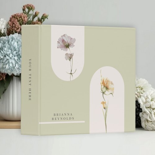 Simple Modern Boho Wildflowers on Sage Green 3 Ring Binder