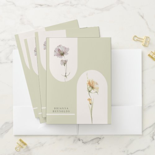 Simple Modern Boho Wildflowers on Sage Green Pocket Folder