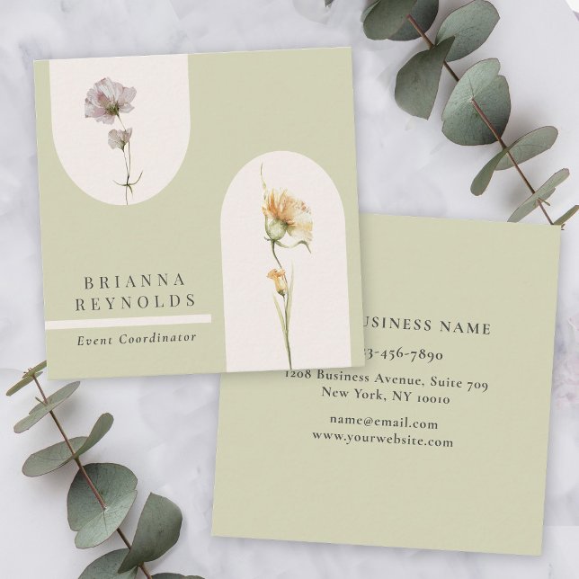 Simple Modern Boho Wildflowers on Sage Green Square Business Card (Creator Uploaded)