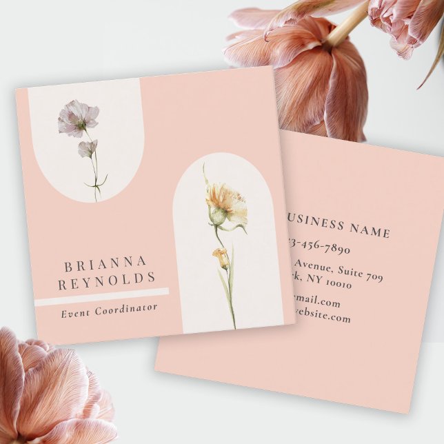 Simple Modern Boho Wildflowers on Soft Pink Square Business Card (Creator Uploaded)