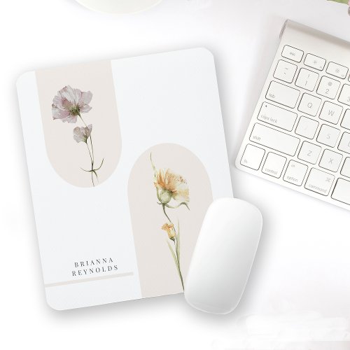 Simple Modern Boho Wildflowers on White Mouse Pad
