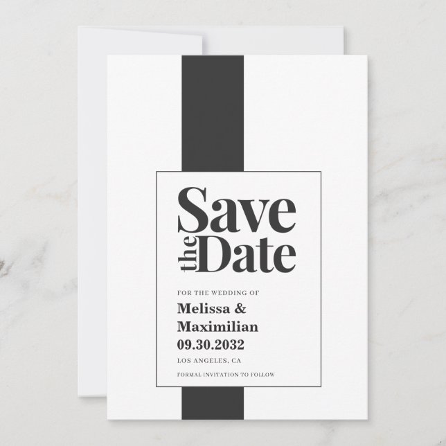 Simple modern bold black & white minimal wedding save the date (Front)