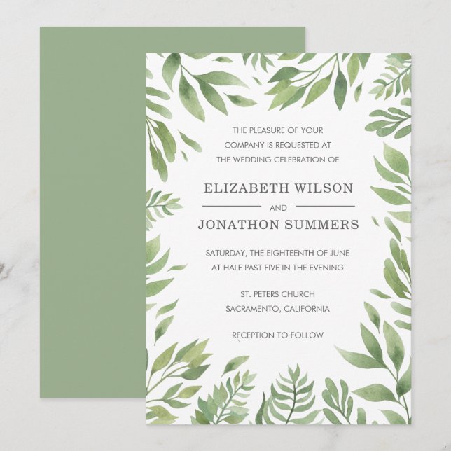 Simple Modern Botanical Elegant Rustic Wedding Invitation (Front/Back)
