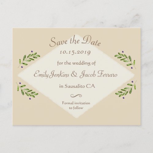 Simple Modern Botanical Wedding Save the Date Announcement Postcard