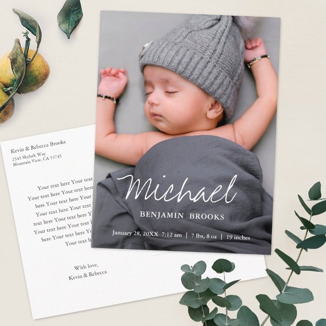 Simple Modern Boy or Girl Photo Birth Announcement Postcard (Creator Uploaded)