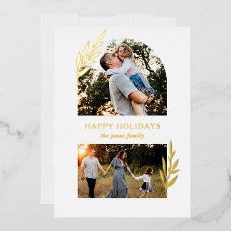 Simple Modern Branches Split Arch Two Photo Foil Holiday Card
