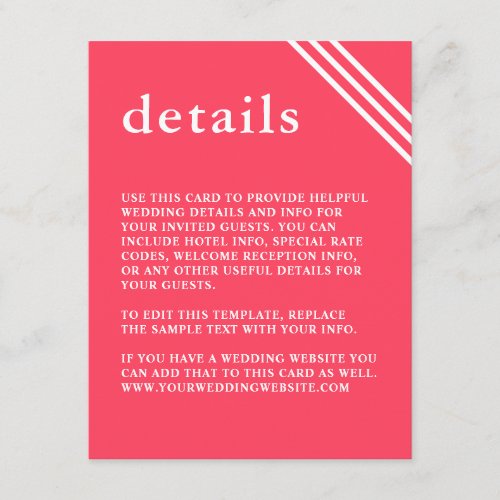 Simple Modern Bright Coral Wedding Details Enclosure Card