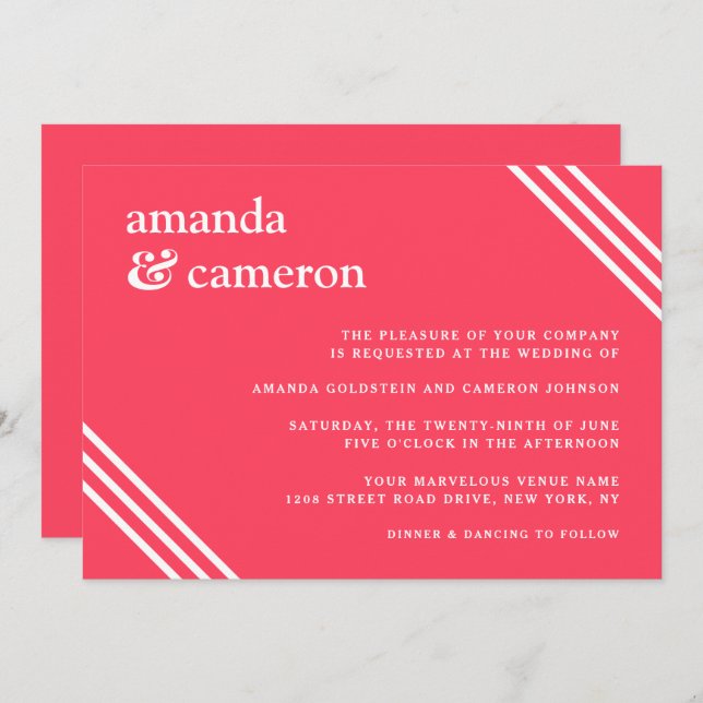 Simple Modern Bright Coral Wedding Invitation (Front/Back)