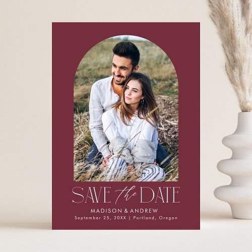 Simple Modern Burgundy Arch Photo Save The Date