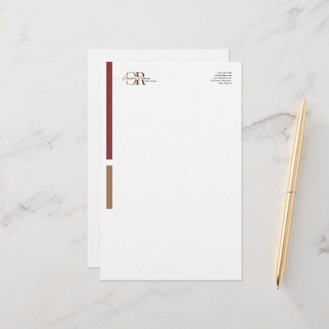 Simple Modern Burgundy Gold Monogram Stationery (Front/Back In Situ)