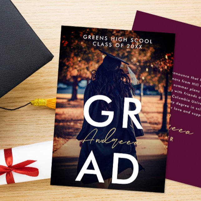 Simple Modern Burgundy Grad Photo Bold Typography Announcement (Creator Uploaded)