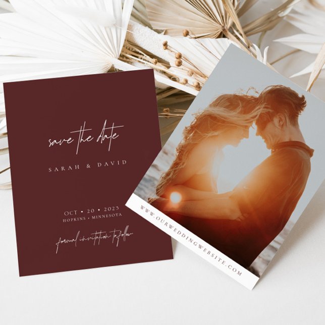 Simple Modern Burgundy Photo Save the Date Card (Creator Uploaded)