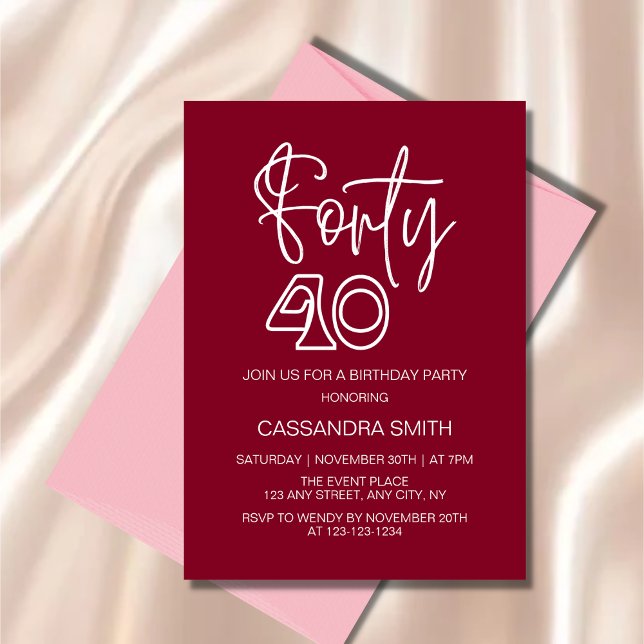Simple Modern Burgundy Typography 40th Birthday Invitation (Creator Uploaded)