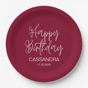 Simple Modern Burgundy Typography Birthday Paper Plates