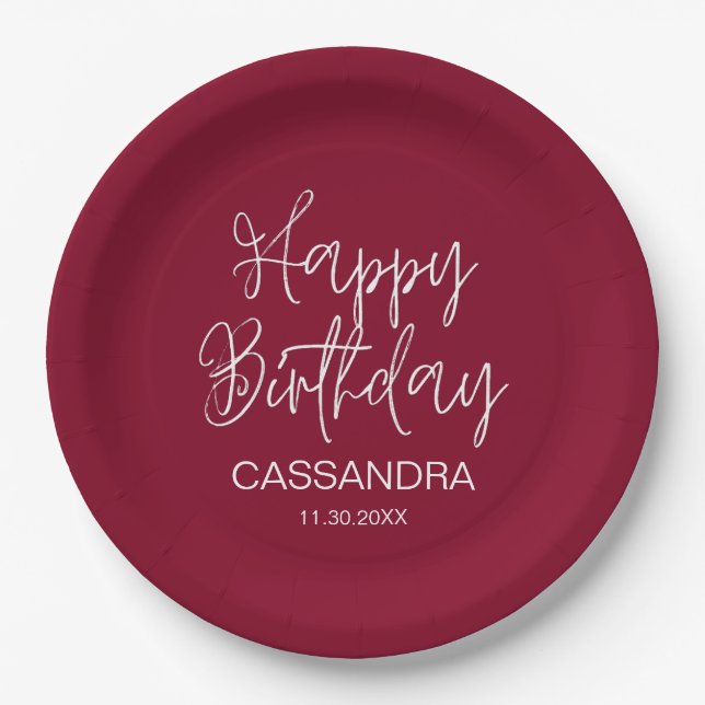 Simple Modern Burgundy Typography Birthday Paper Plates (Front)