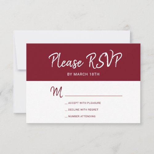Simple modern burgundy typography wedding RSVP card