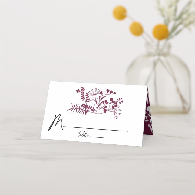 Simple Modern Burgundy Wedding Floral Place Card (Front)