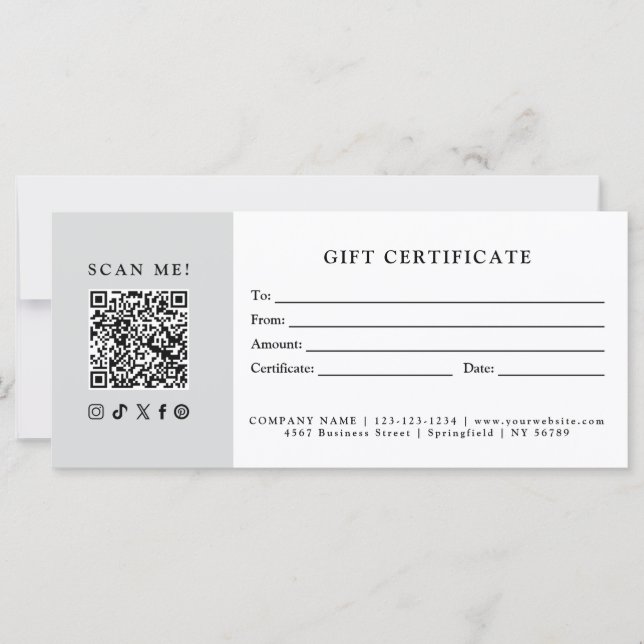 Simple Modern Business QR Code Gift Certificate (Front)