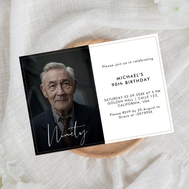 Simple Modern Calligraphy 90th Birthday Photo Invitation (Creator Uploaded)
