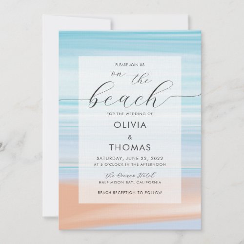 Simple Modern Calligraphy Aqua Blue Beach Wedding Invitation