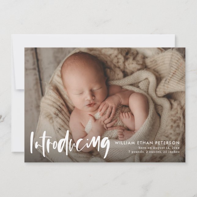 Simple Modern Calligraphy Baby Three Photo Birth Announcement (Front)