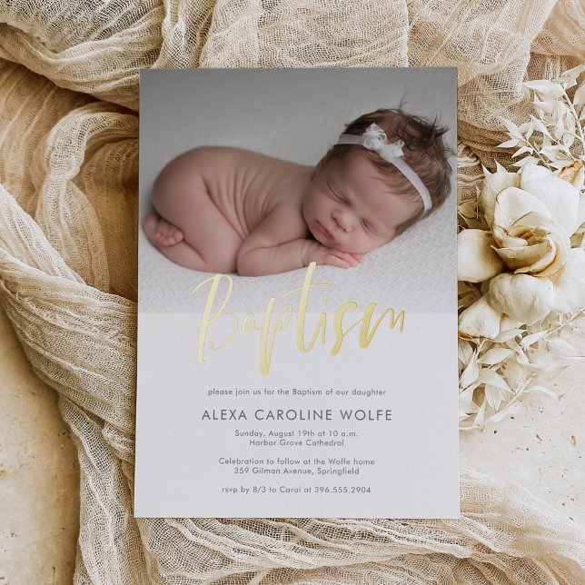 Simple Modern Calligraphy Baptism Photo  Foil Invitation (Creator Uploaded)