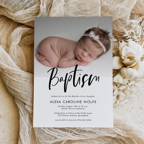 Simple Modern Calligraphy Baptism Photo  Invitation