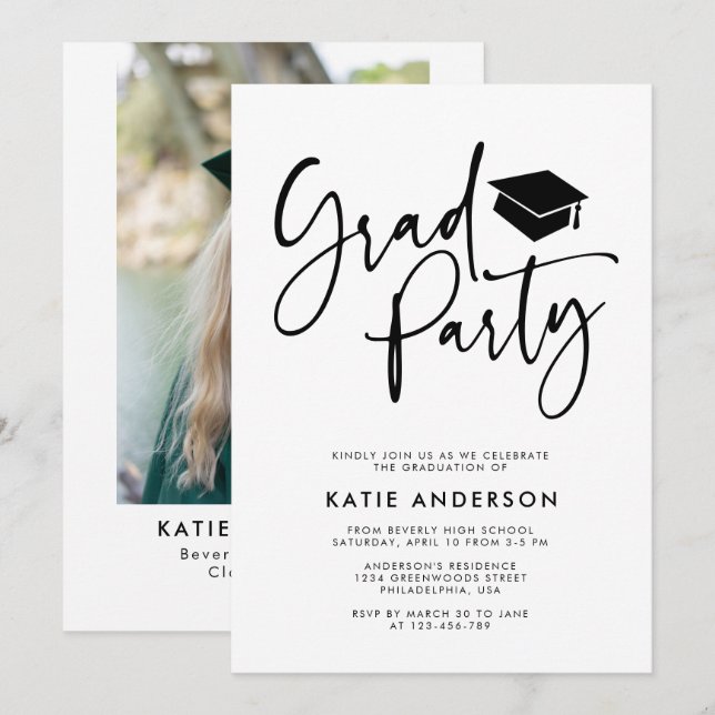 Simple Modern Calligraphy Grad Party Photo Invitation (Front/Back)