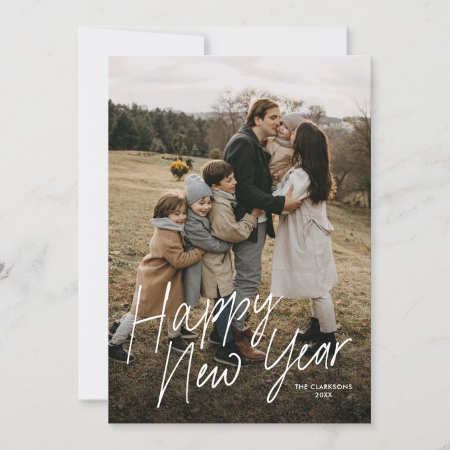 Simple Modern Calligraphy Happy New Year 2 Photo Holiday Card (Front)