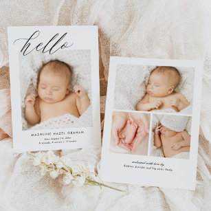 Simple Modern Calligraphy Hello Baby Photo Birth Announcement