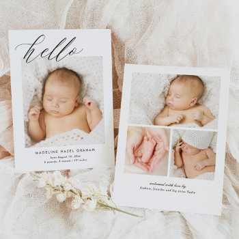 Simple Modern Calligraphy Hello Baby Photo Birth Announcement by JAmberDesign at Zazzle